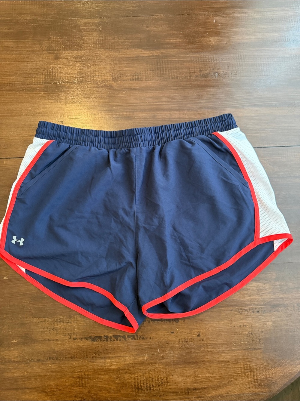 Under Armour Women's Navy Athletic Shorts with Red Trim and White Panels 11